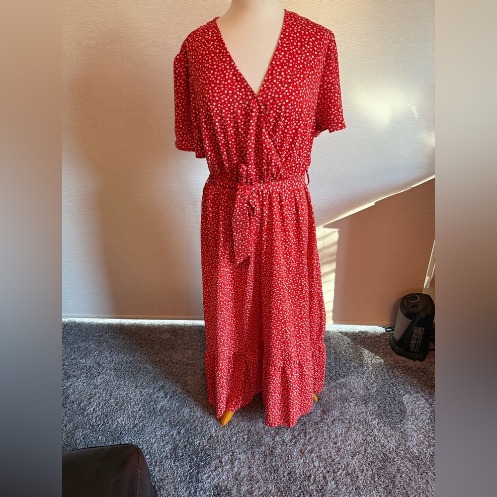 Pretty Garden Red Floral Faux Wrap Dress